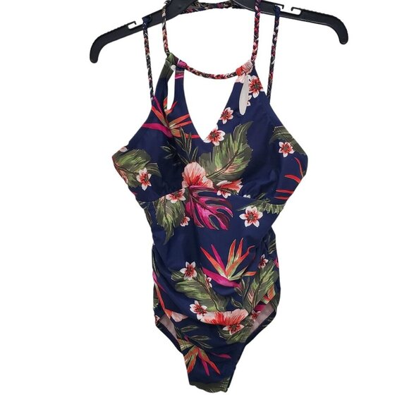 Kona Sol Women's Navy Tropical Keyhole Neck Strappy Back One Piece‎ Swimsuit M - Picture 1 of 6